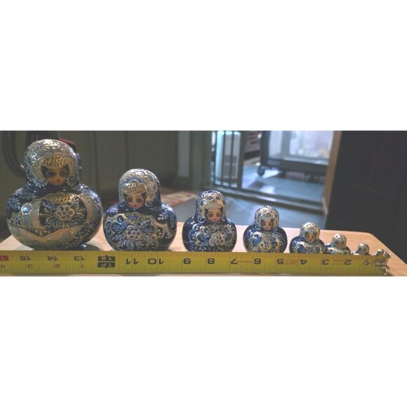 8 Nesting Dolls Russian Matryoshka Blue Gold Hand-Painted Artisan Signed - Picture 13 of 16